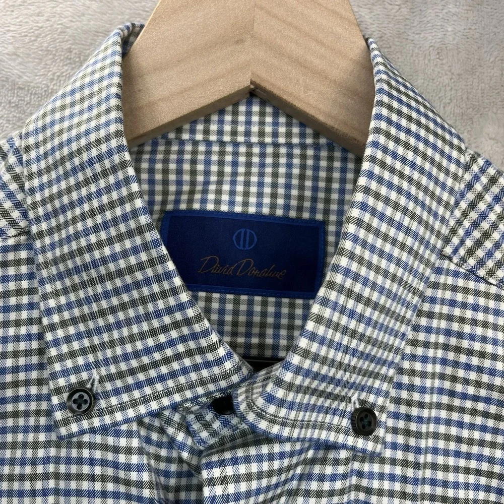 David Donahue Button Up Dress Shirt Mens M Blue Green Check Cotton Long Sleeve